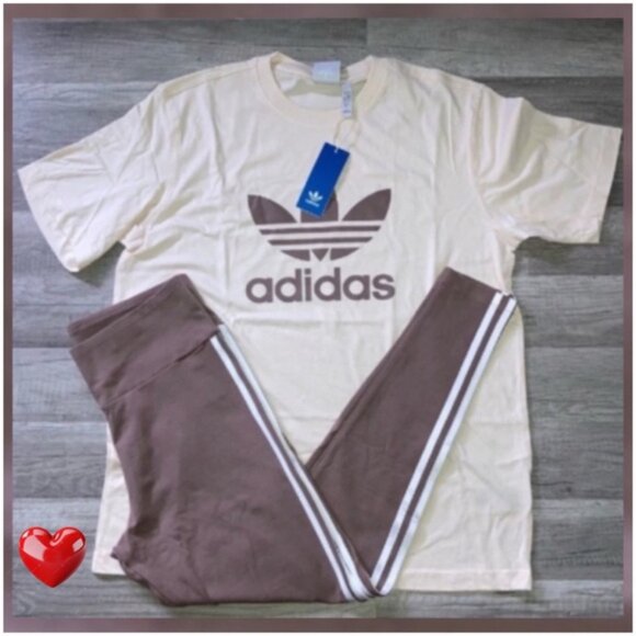 NWT 2 pc adidas originals tshirt and leggings matching set in cream and brown L - Picture 4 of 5